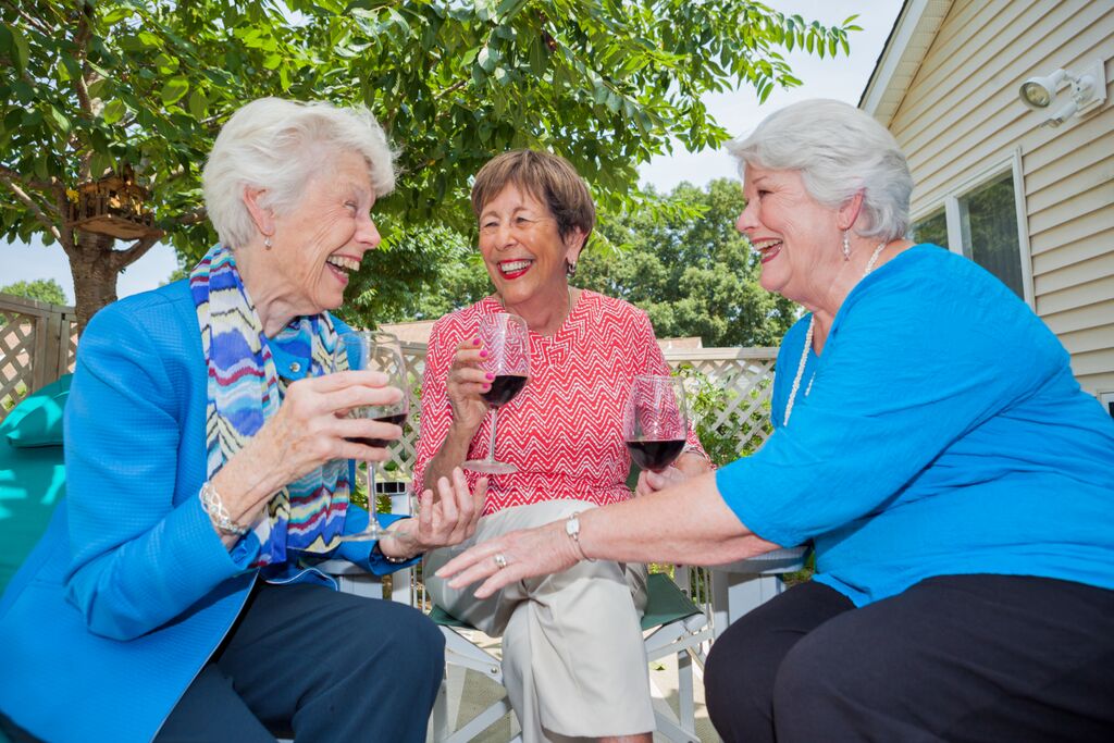 Three ladies enjoy conversation and fine wine.