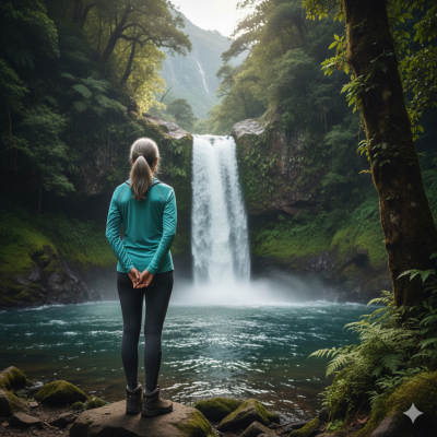woman standing at waterfall