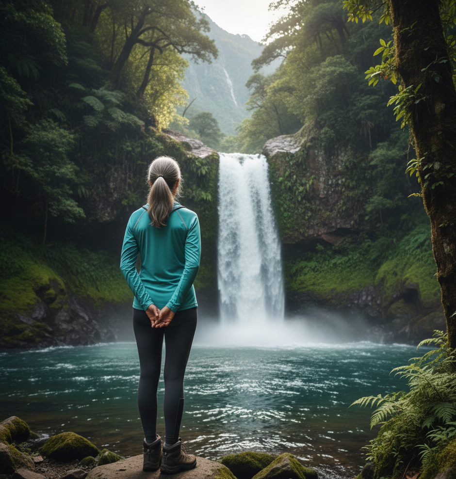 woman standing at waterfall