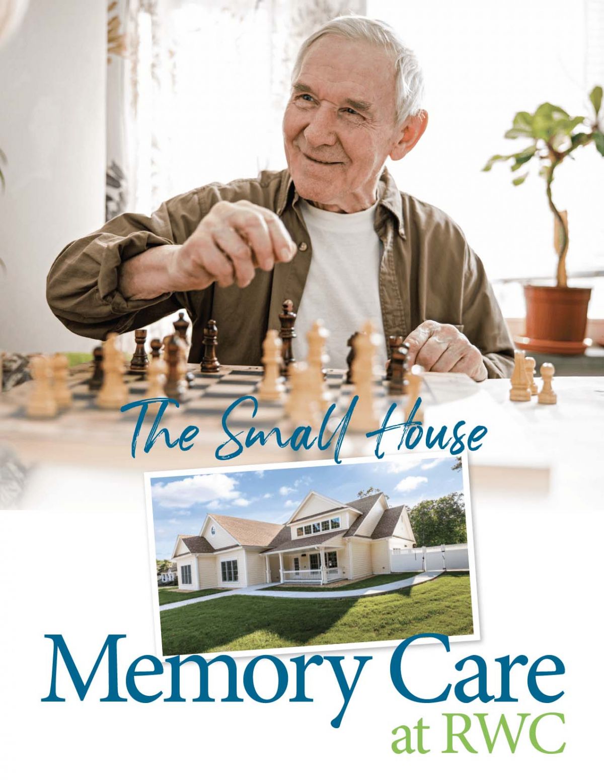 Smiling senior man playing chess indoors