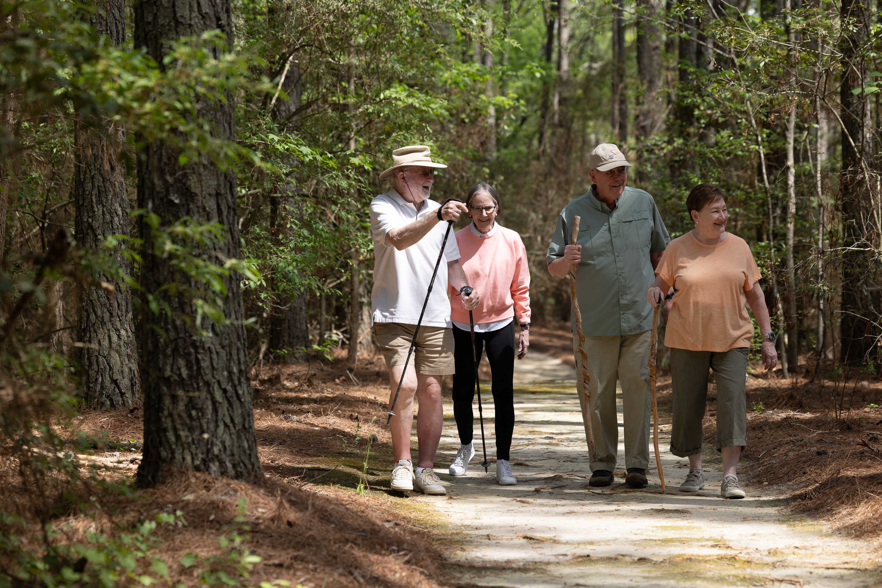 Four older adults hiking along a wooded trail