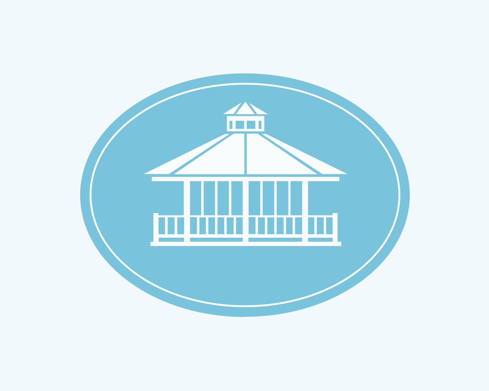 White gazebo icon inside blue oval badge