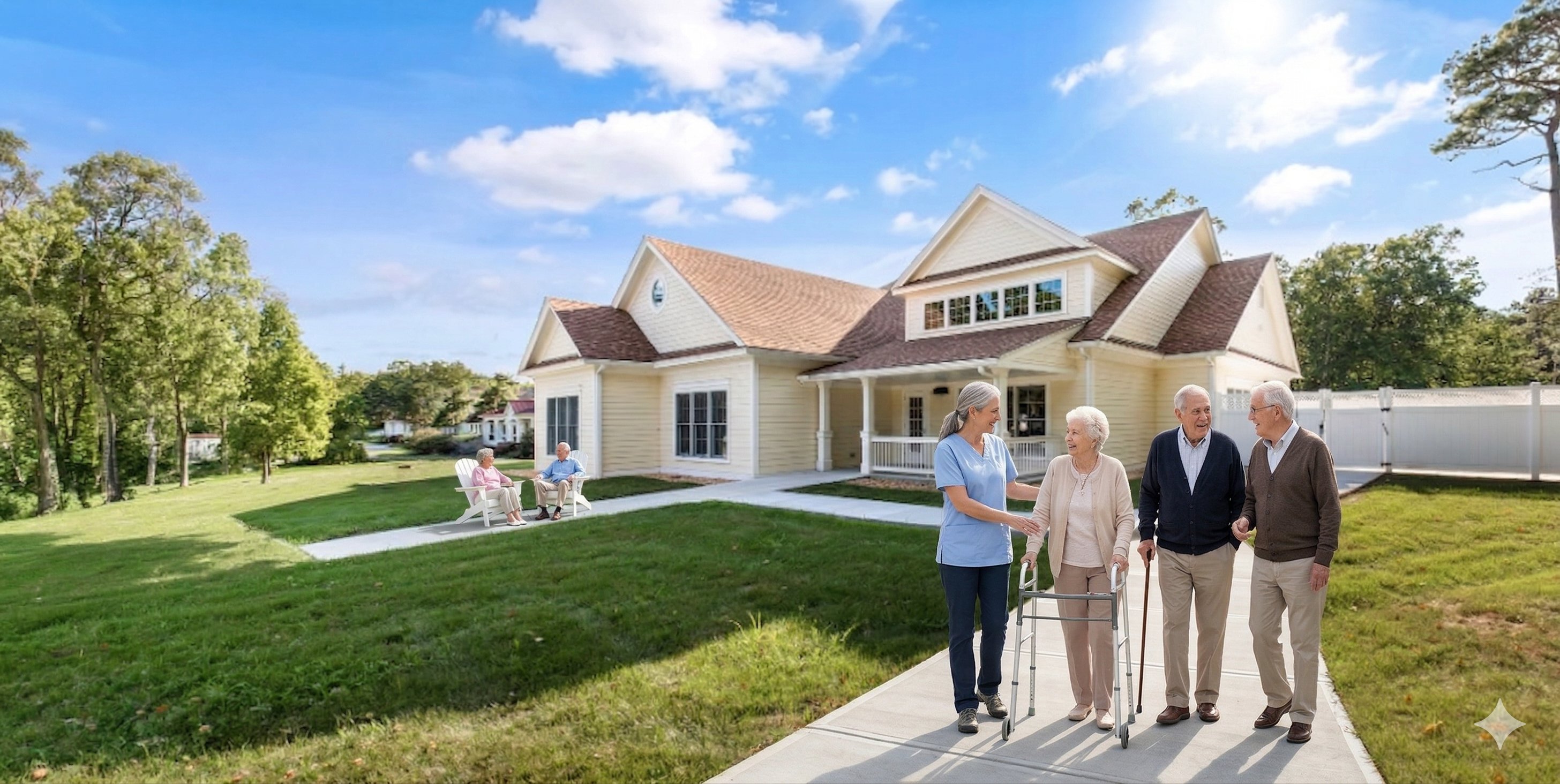 Caregiver walking with seniors outside retirement home