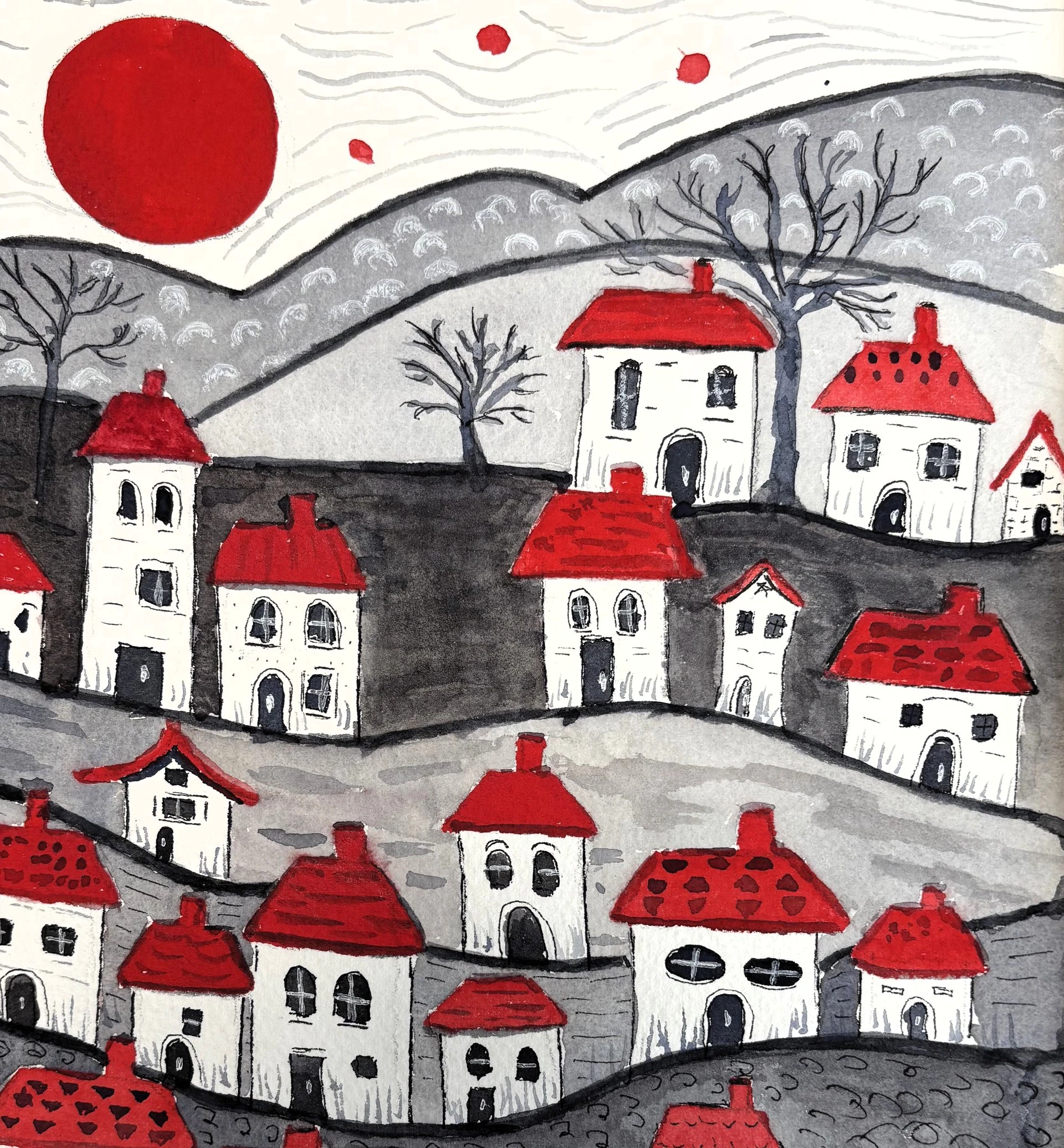 Red-roofed village beneath gray hills and red sun