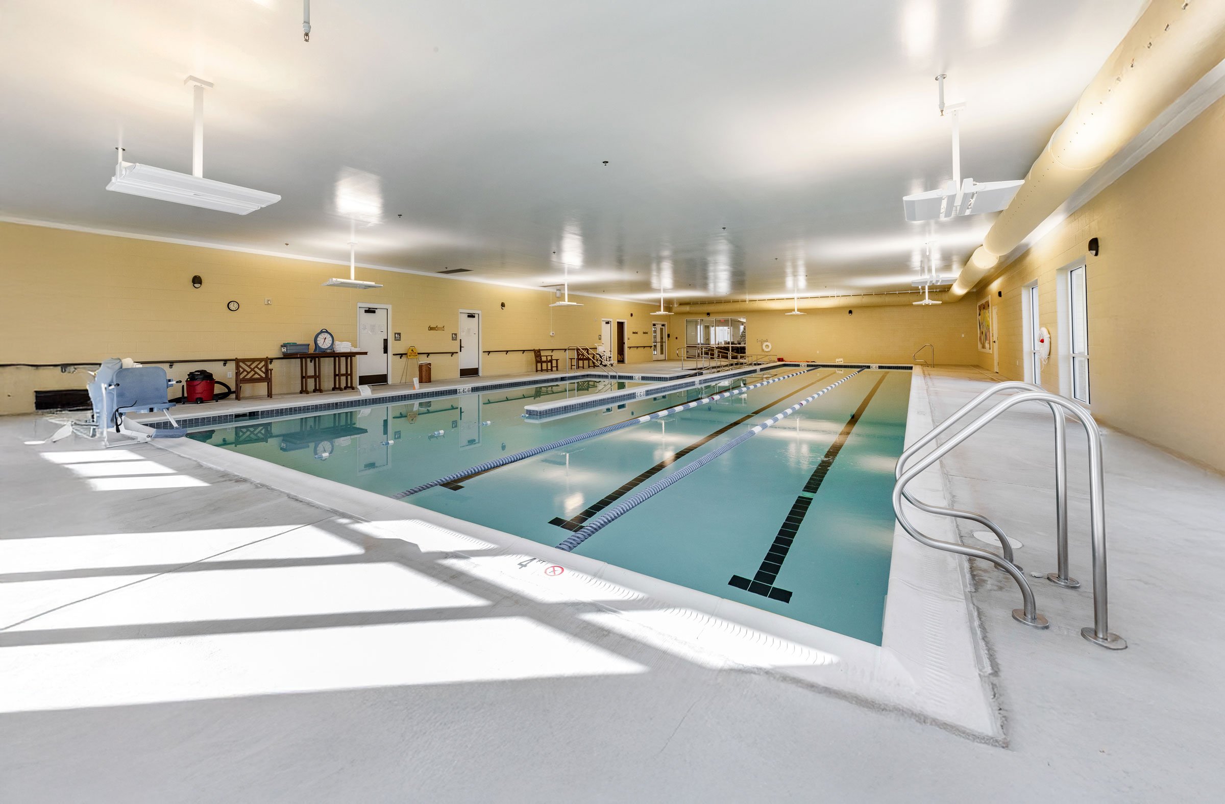 Indoor lap pool with accessibility lift and lanes